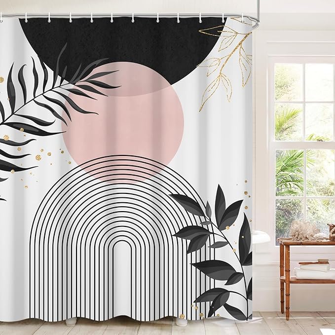 Boho Mid Century Shower Curtain, Black Pink Modern Minimalist Abstract Geometric Gold Plant Leaves Sun Arch Bathroom Curtains Waterproof Fabric Buthtub Curtain Set with Hooks 72" Wx72 L