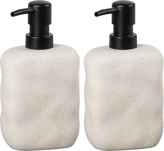 Modern Ceramic Soap Dispenser, Beige Speckled Finish, Black Pump Top, Refillable Liquid Container for Bathroom Kitchen (Beige, 2 Pack)