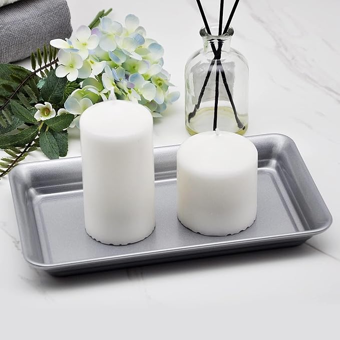 SheeChung Metal Vanity Tray, 2 Pack Guest Hand Towel Storage Tray, Farmhouse Countertop Organizer Decor, Sturdy Vintage Holder for Perfume, Cosmetics, Jewelry, Makeup, Bathroom- Grey