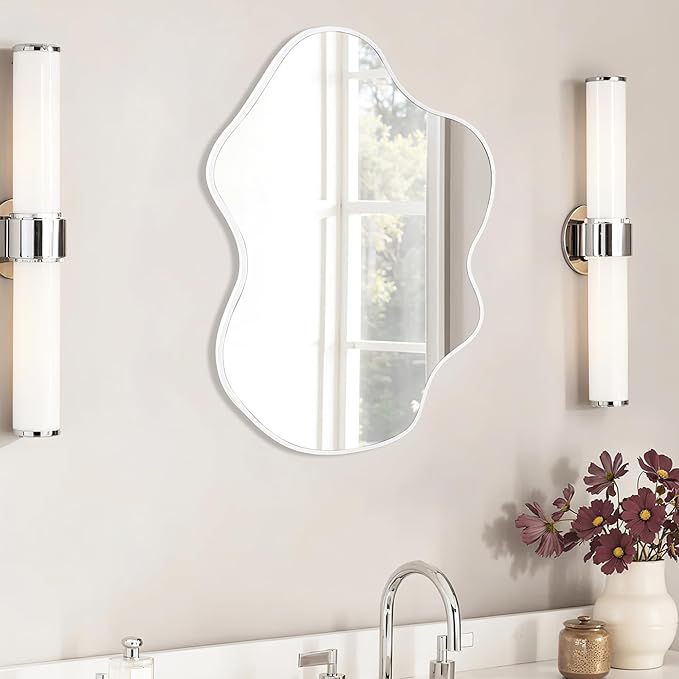 Tanmicoshomy White Irregular Wall Mirror 22x30 Inch, White Framed Cloud Shaped Asymmetrical Wavy Mirror with Tempered Glass for Bathroom Bedroom Cloakroom or Entryway