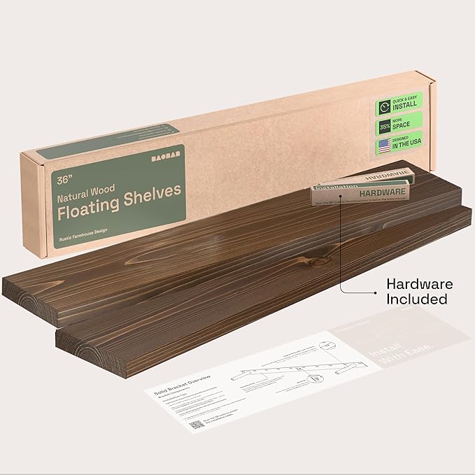 BAOBAB WORKSHOP Solid Wood Floating Shelves for Wall 36 Inches Long, Heavy Duty Wall Shelf for Bedroom 36 Inch Large, Real Wooden Bathroom Shelf Kitchen Rustic, Walnut Shelves, 36W × 6.7D, Set of 2