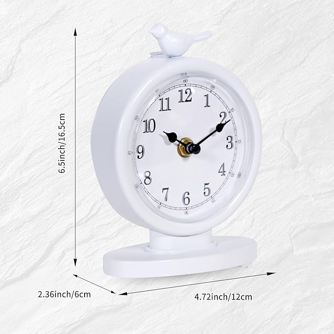 Mantel Clock, Classic Vintage Clocks and Decorative Shelf Decor, Silent Analog Desk Clocks with Light Vintage Metal Table Clock for Living Room Shelf Bedside Home Decor (White)