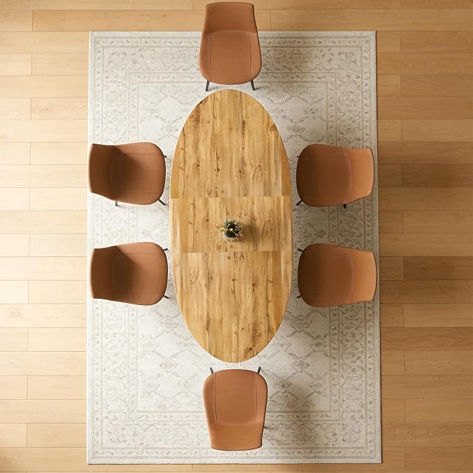 63"-78.7" Extendable Round Dining Table Set for 6, 7 Piece Mid Century Modern Oval Kitchen Table Set, Large Dining Table with 6 Chairs for Living Room Space Saving（Walnut Table+6 Brown Chairs)