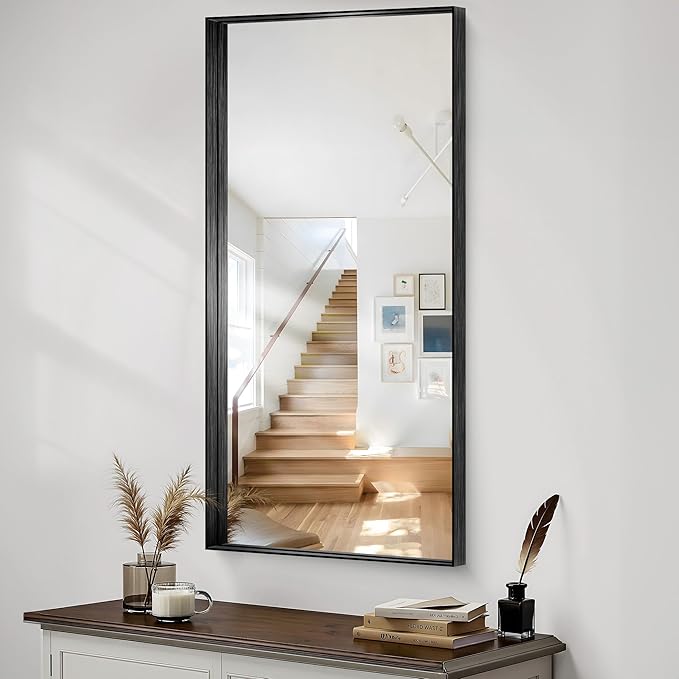 CIRCUMI Black Bathroom Mirror, 24"x48" Rectangular Mirror with Deep Metal Frame, Brushed Finish, Tempered Glass, Large Mirror for Wall, Over 2 Sinks, Installed Vertically/Horizontally, Crystal-Clear