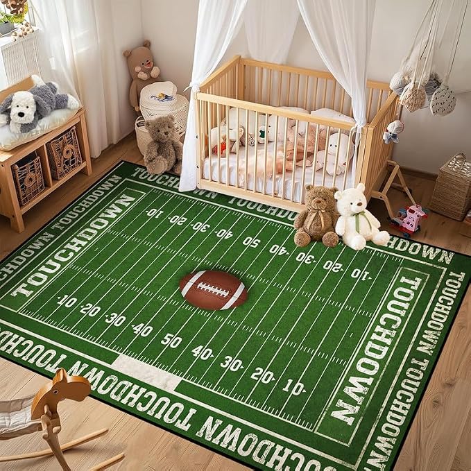 5'x7' Football Field Area Rug Sports Themed Carpet for Nursery Bedroom Playroom Classroom Living Room Home Decor Non Slip Washable Game Room Play Mat