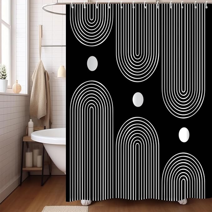 Black and White Extra Long Shower Curtain, Boho Minimalist Mid Century Modern Arch Geometric Machine Washable Waterproof Fabric for Bathroom Bathtub Decor with Hooks 72Wx84H