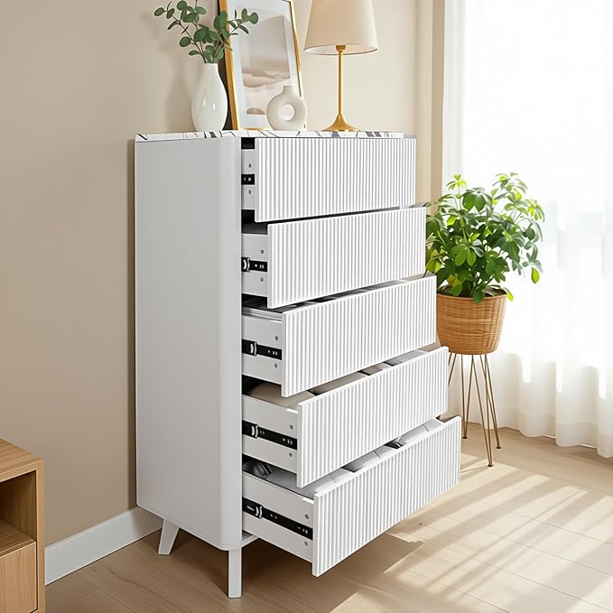 Fluted 5 Drawers Dresser for Bedroom, 47" Tall Handleless Chest of Drawers with Faux Marble Top, Curved Profile Design, Wood Drawer Organizerfor forLiving Room, Hallway, Entryway, White