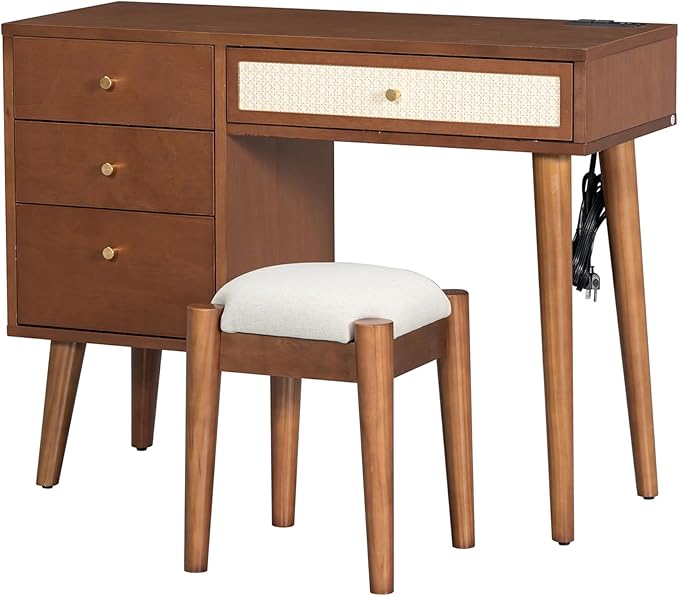 Walnut Vanity Desk No Mirror 39" Vintage Vanity Table with 4 Drawers & Power Outlet Mid-Century Modern Vanity Set for Girls with Stool & Rattan Decor