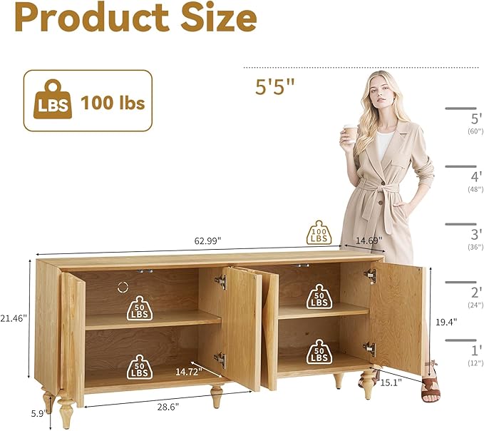 LKTART 62.99" Sideboard Buffet Cabinet with Storage, Solid Wood Kitchen Storage Cabinet Credenza Accent Console Table with Solid Wood Roman Legs Dovetail Door Trim Panel Ash Veneer,Natural Oak