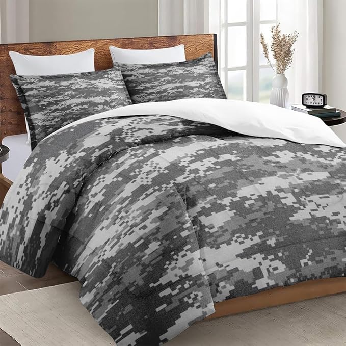 Comforter Set with 2 Pillowcases King Size, Gray Camouflage Digital Camo Army Military, Bed Decor Grey Navy Brown Us Black White for Kids and Adults, Soft Cozy Bedroom Bedding Set