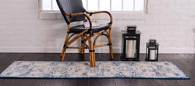 Unique Loom Bromley Collection Area Rug - Wells (2' x 6' 9" Runner, Ivory and Blue/ Ivory)