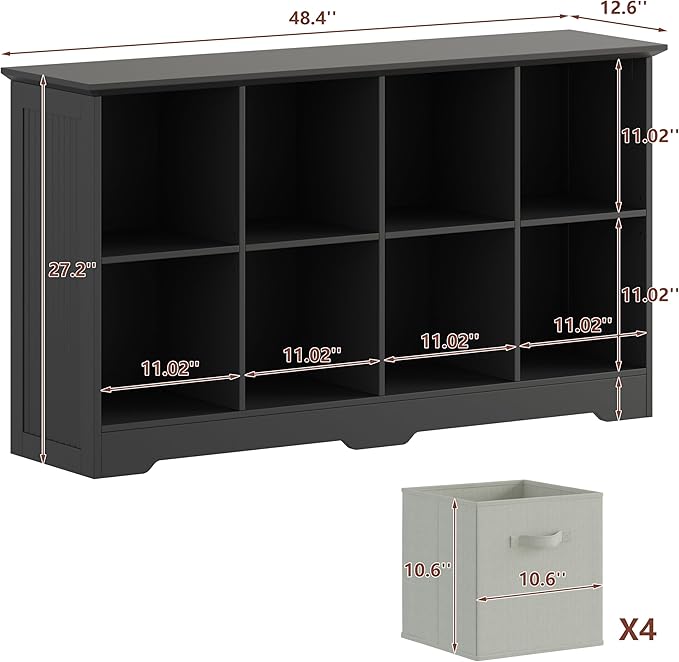 VORONOI 8 Cube Storage Organizer with 4 Fabric Drawers and Removable Shelves — Modular Cube Bookshelf for Bedroom, Living Room, or Home Office, Short Cube Bookcase for Toys, Decor,Black