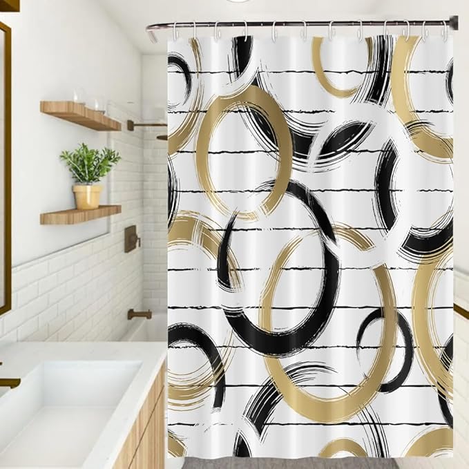 Modern Abstract Style Shower Curtain Black White Round Pattern Geometric Lines Shower Curtains for Art Aesthetic Bathroom Waterproof Fabric Decor Set with Hooks, 72W x 96H Inch