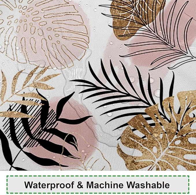 Abstract Boho Shower Curtain Mid Century Palm Leaves Botanical Pink Gold Geometric Modern Aesthetic Bathroom Decor for Women Minimalist 72Wx72H Inches Bath Accessories with 12 Hooks