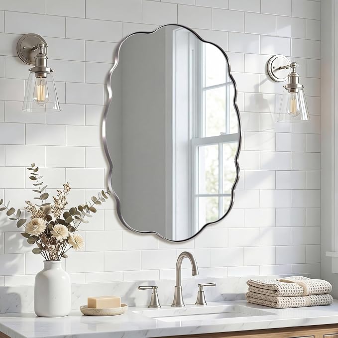 ANDY STAR Chrome Wavy Scalloped Mirror - 24x32 Inch Modern Oval Bathroom Mirror, Unique Irregular Wall Mirror with Heavy Duty SUS Metal Frame