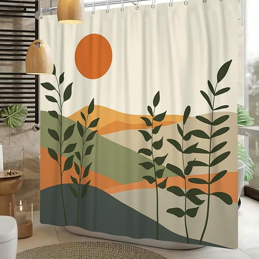 Boho Mid Century Shower Curtain for Bathroom Modern Abstract Sun Botanical Leaves Bath Curtain Neutral Minimalist Plant Waterproof Fabric Bathroom Decor Set with Hooks 72x78 inch