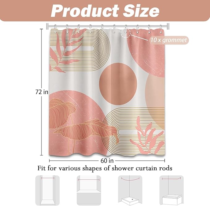 Coral Shower Curtain White and Peach Color Shower Curtains for Bathroom Decor Abstract MCM Girls Bath Curtain Set, Waterproof Fabric with Hooks 60 x 72 Inch