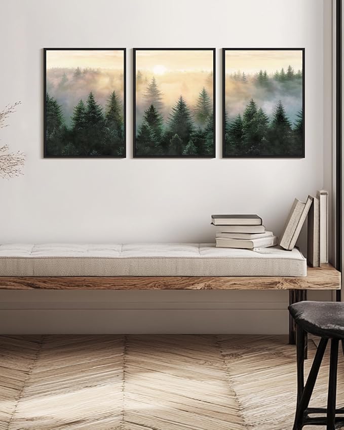 KUVIOKE Sun Dawn Fog Pine Tree Framed Wall Art Morden Nature Nordic Forests Artwork Bedroom Decor 12x16in (Black Framed)