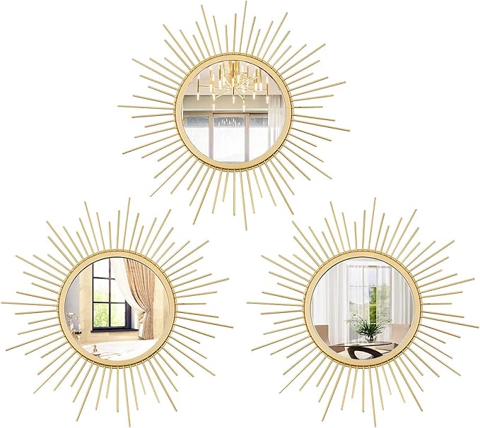 Cityelf 3 Set Gold Sunburst Mirrors for Wall Decorative Metal Mirrors Small Mirror Sets Hanging Mirror Wall Sculpture for Bedroom Living Room Entryway