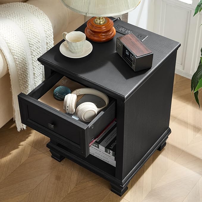 Farmhouse End Tables Living Room Set of 2, Rustic Wood Nightstand with 1 Drawer, Bedside Table with Open Shelf for Bed Room, Side Table for Living Room, Black