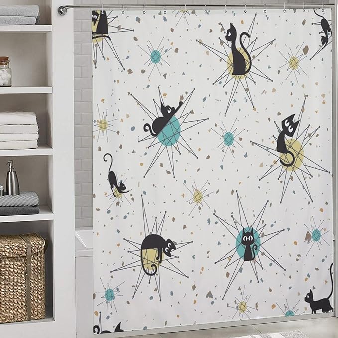 Vintage Mid Century Cats Shower Curtain Black Cat Retro Diamond Atomic 1950s 1960s Abstract Geometric Simple Waterproof Shower Curtains for Bathroom Decor 12 Pack Hooks 72x72in (183x183cm)