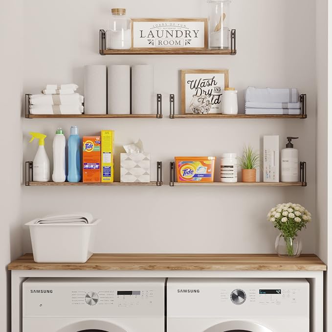 Wallniture Avila 24" Floating Shelves for Wall, Kitchen Organization & Office Shelves, Bookshelf for Living Room Decor, Laundry Room Shelf, Set of 5, Burnt Finish