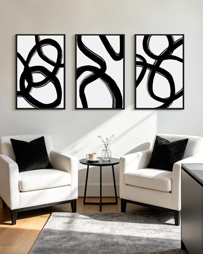 KUVIOKE Black and Gray Abstract Framed Wall Art Ink Wash Minimalist Lines Painting Artwork for Bedroom Hallway 24x36in (Black Framed)