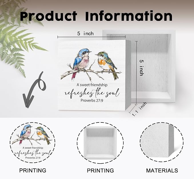 Christian Friendship Gifts for Women, a Sweet Friendship Refreshes the Soul Bird Wooden Box Signs, Best Friend Bestie BFF Gifts, Bible Verse Wood Sign Home Decor for Desk Table Shelf 5x5 Inch