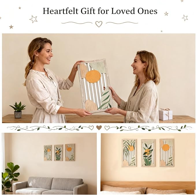 Boho Wall Art for Living Room - 3Pcs Botanical Wood Wall Decor, Minimalist Sun & Plant Design, Rustic Bohemian Hanging Art for Women, Homeowners, Renters, Bedroom, Bathroom, Office, Housewarming Gift