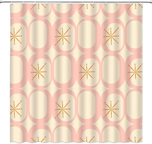 Mid Century Shower Curtain Modern Abstract Atomic Round Squares Retro 50s Geometric Bathroom Decor Polyester Curtains with Hooks