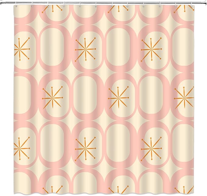 Mid Century Shower Curtain Modern Abstract Atomic Starbursts Squares Retro 50s Geometric Bathroom Decor Polyester Curtains with Hooks