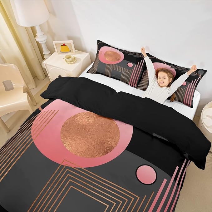 Erosebridal Pink and Black Abstract Boho Duvet Cover Full Size Mid Century Modern Comforter Cover Minimalist Aesthetic Neutral Bedding Set Botanical Leaves Simple Bed Set