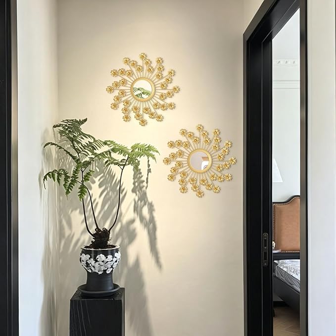 2 Pack Metal Mirrors for Wall Boho Sunburst Wall Mirror Home Decor Modern Decorative Wall Art for Bedroom Living Room Entryway