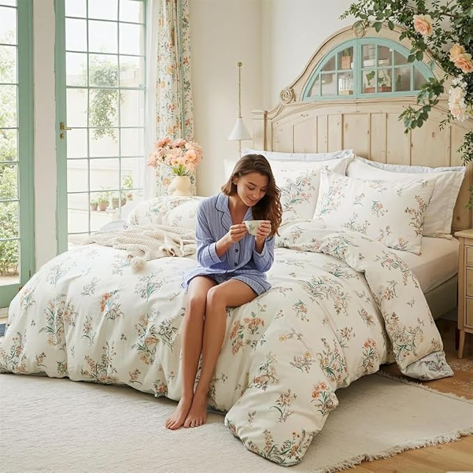 Duvet Cover Set King Size Vintage Style Garden Floral Duvet Cover 100% Cotton 3 Pcs Chic Floral Comforter Cover with Zipper Botanical Coquette Duvet Cover Set Ultra Soft & Breathable