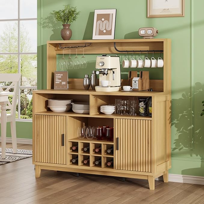Fluted Buffet Cabinet with Storage, Modern Coffee Bar Cabinet with Outlet, Removable Wine Rack, Multi-Functional Accent Liquor Cabinet for Living Room, Entryway, Kitchen, Natural