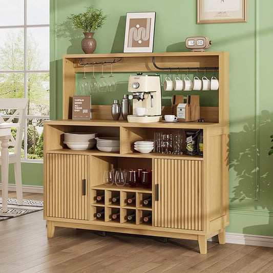 Fluted Buffet Cabinet with Storage, Modern Coffee Bar Cabinet with Outlet, Removable Wine Rack, Multi-Functional Accent Liquor Cabinet for Living Room, Entryway, Kitchen, Natural