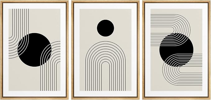 wall26 Framed Wall Art Print Set Boho Black Dots with Swirling Line Art Abstract Patterns Digital Art Modern Art Bohemian Chic Relax/Calm for Living Room, Bedroom, Office - 24"x36"x3 Natural