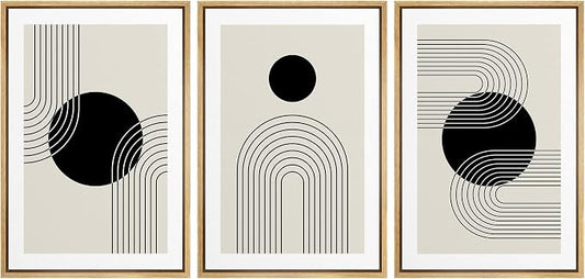 wall26 Framed Wall Art Print Set Boho Black Dots with Swirling Line Art Abstract Patterns Digital Art Modern Art Bohemian Chic Relax/Calm for Living Room, Bedroom, Office - 24"x36"x3 Natural