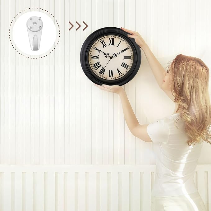 Plumeet Extra Large Retro Wall Clock, 16'' Non Ticking Classic Silent Vintage Wall Clocks Decorative Kitchen Living Room Bedroom, Roman Numerals, Battery Operated, Black
