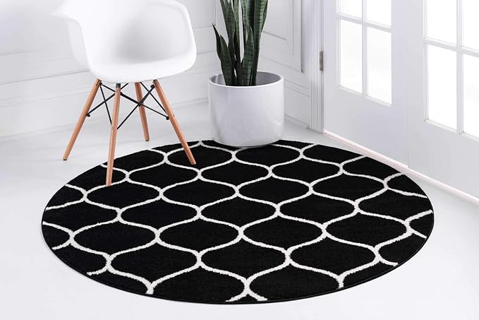 Unique Loom Trellis Frieze Collection Area Rug - Rounded (4' 1" Round, Black/ Ivory)