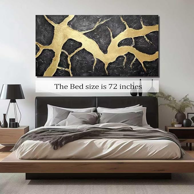 DNIEOTU Hand Painted Abstract Wall Art for Living Room, Black and Gold Canvas Wall-Decor for Bedroom, 3D Textured Paintings for Hallway Office, Large Size 72 x 36 Inches