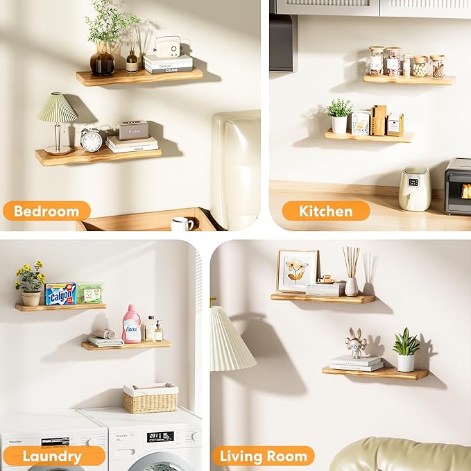 Floating Shelves for Wall 24 Inch Wooden Floating Shelves Live Edge Shelf with Unique Natural Grain Wall Mounted Rustic Pine Wood Shelf for Living Room Bedroom Kitchen Bathroom (Natural)