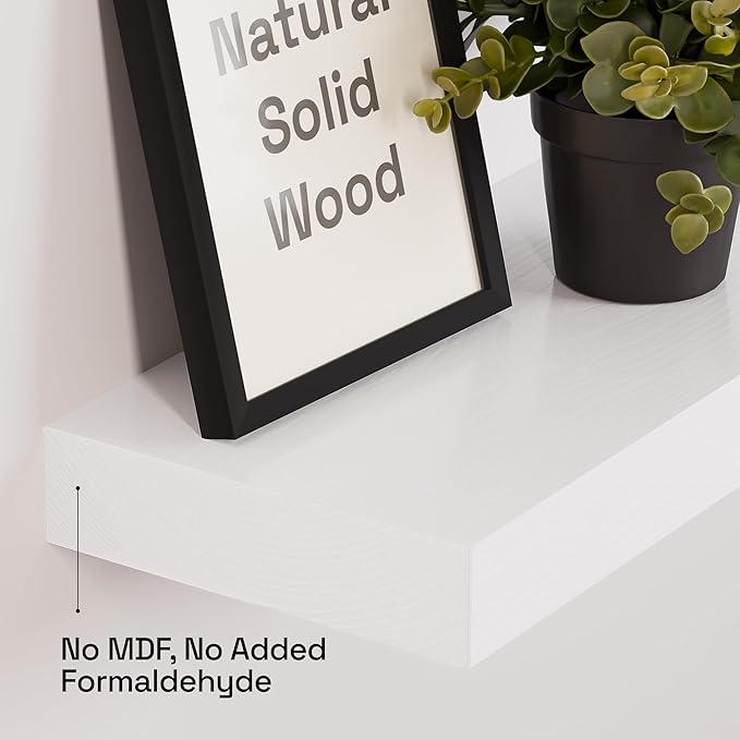 BAOBAB WORKSHOP Solid Wood Floating Shelves for Wall 12 Inch Wide, Small Wooden Shelf Bathroom Thick, White Floating Shelves for Room Wall Mounted Kitchen, White Finish, 12W × 6.7D, Set of 2