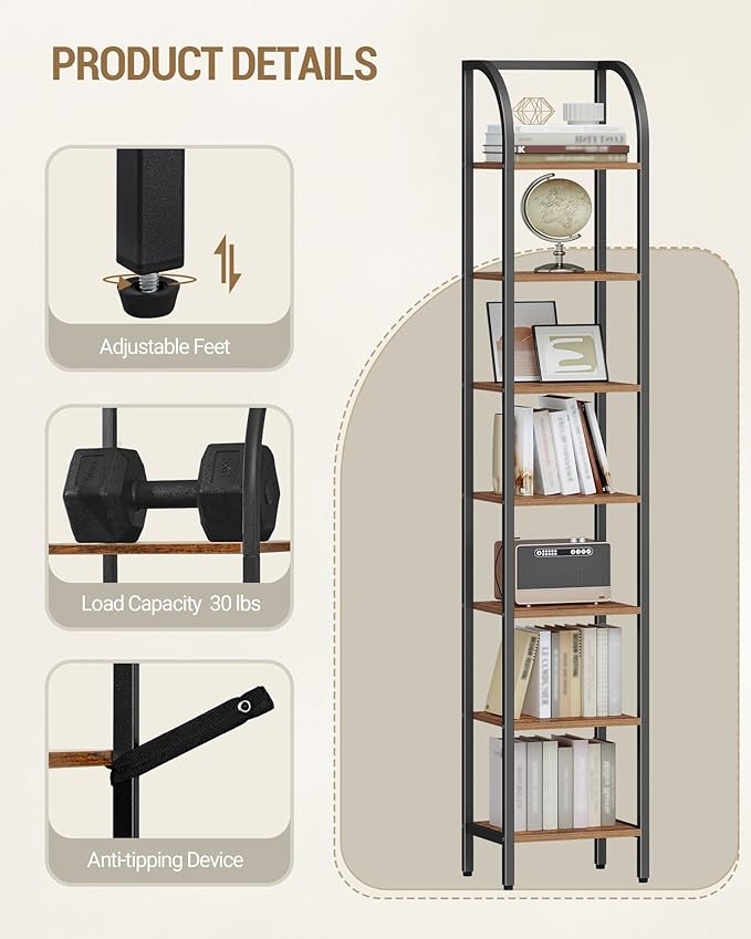 Hzuaneri Bookshelf Narrow Bookcase, Tall Storage Rack with Steel Frame, Display Standing Shelf Unit, Skinny Book Shelf for Study Living Room, Home Office, Industrial, 7-Tier Rustic Brown BC57701B