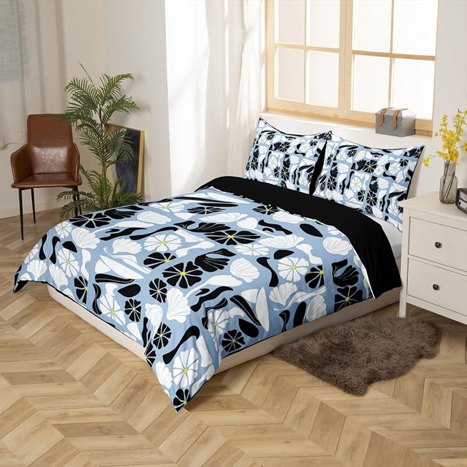 Erosebridal Mid Century Boho Toddler Comforter Cover Cute Blue White Floral Plant Patchwork Bedding Set Modern Abstract Geometric Duvet Cover for Kids Adults,Vintage Aesthetic Bed Set