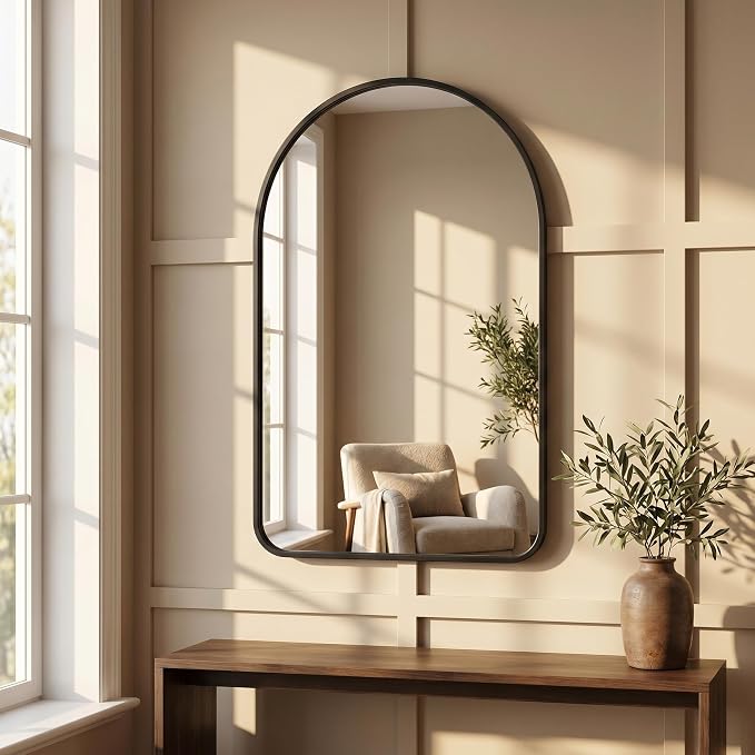 HARRITPURE 20"x28" Arched Bathroom Mirror, Wall Mounted Mirror, Black Arch Mirror, Aluminum Alloy Frame Wall Mirror for Living Room, Bedroom, Entryway