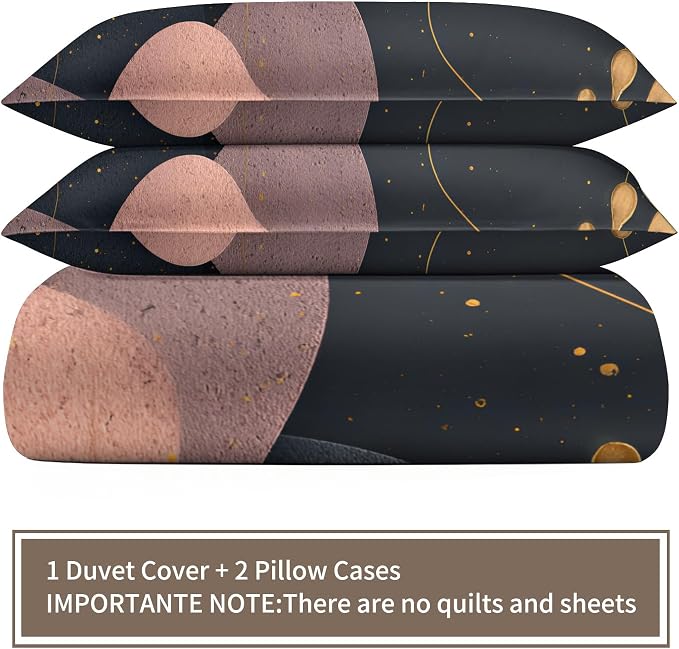 Mid Century Modern Abstract Duvet Cover Full Size, Dark Gray Black Rose Pink Geometric Bedding Set 3 Piece, Abstract Geometric Botanical Patterned Comforter Cover with Zipper, 2 Pillowcases