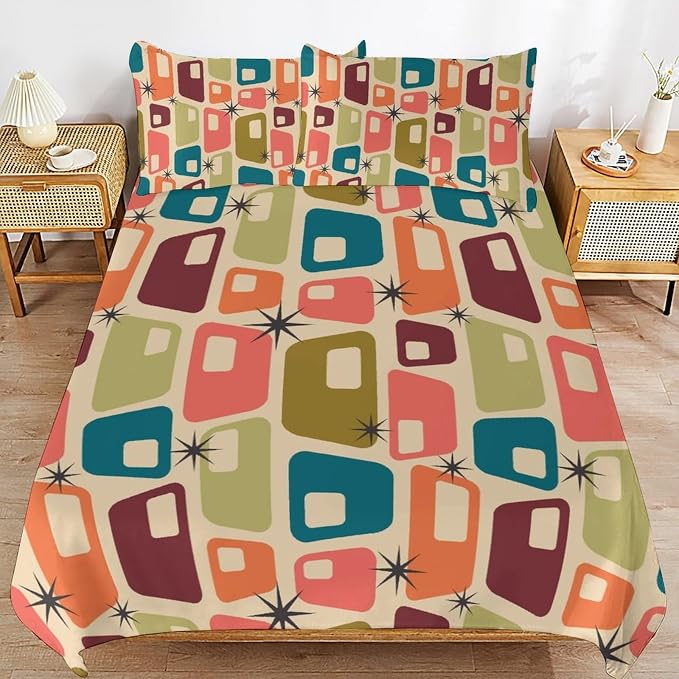 Modern Mid Century Duvet Cover Queen Retro Atomic Bedding Set, Rainbow Grid Comforter Cover Vintage Fifties 1950s Bed Set，Abstract Art Bedding 3 Piece (1 Duvet Cover 102"x90" + 2 Pillow Sham 20"x30")