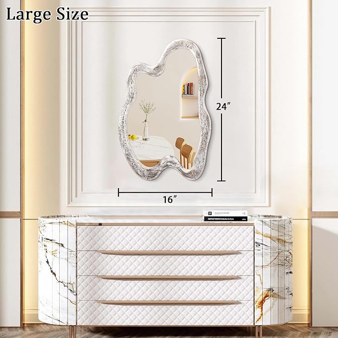 AAZZKANG Irregular Wall Mirror Wooden Large Asymmetrical 24"x16" Decorative Hanging Mirrors for Bedroom Dressing Room Living Room Bathroom Entryway White