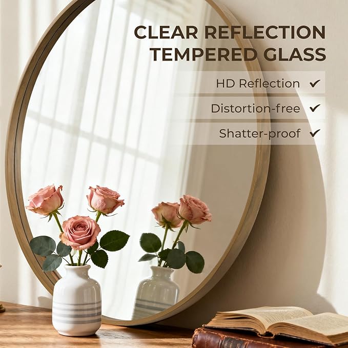 HOMECOOKIN Round Wood Mirror 36 inch Circle Wall Mirror for Bathroom, Vanity, Entryway, Living Room Decor, Natural Oversized Mirror